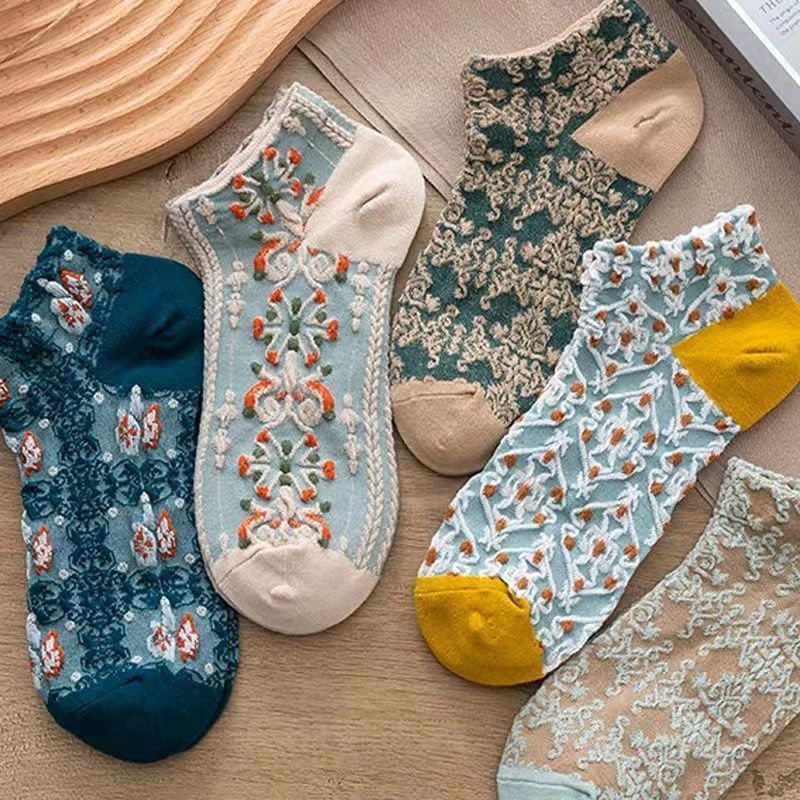 🧦🌸 Șosete Damă Invizibile cu Imprimeu Floral Embosat 3D