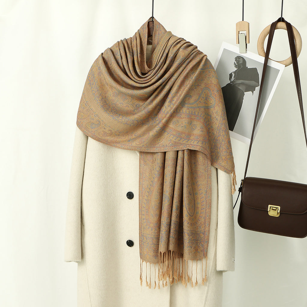 🧣✨ Șal Jacquard cu Imprimeu Cashew și Ciucuri