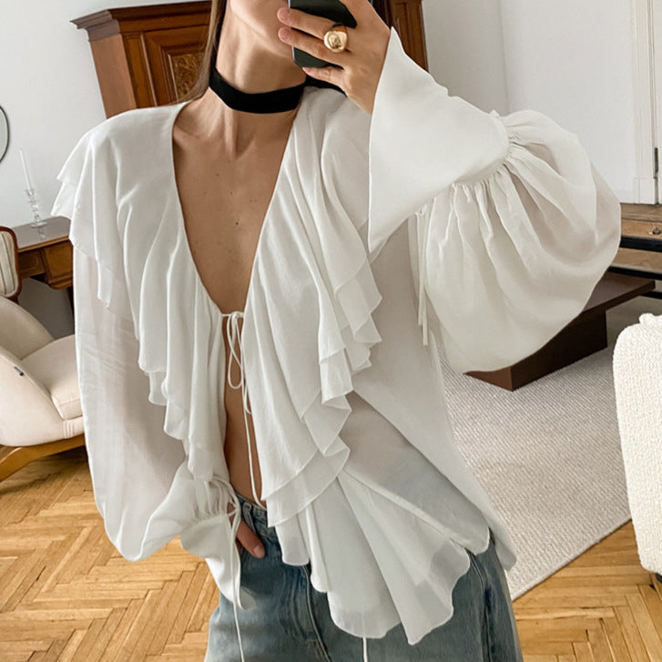 👚🤍 Bluză Damă din Șifon cu Decolteu în V și Volănașe