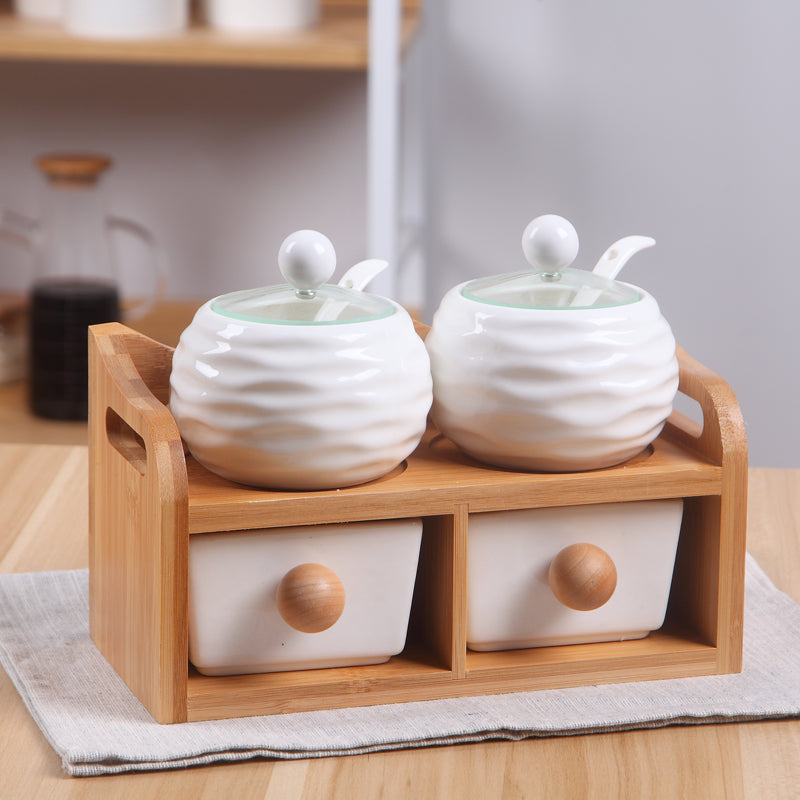 🌿 Set 4 Recipiente Ceramice pentru Condimente cu Suport din Bambus